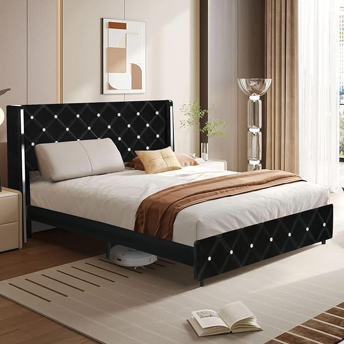 HOMBCK Queen Bed Frame with Headboard, Velvet Upholstered Bed with Wingback and Diamond Tufted Design, Wood Slat Support, No Box Spring Needed, Black