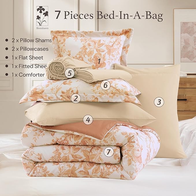 King Comforter Set -7 Pieces Autumn Leaf Floral Comforter Set for All Seasons, Bed in a Bag King with Botanical Flowers Comforter, Sheets, Pillowcases & Shams