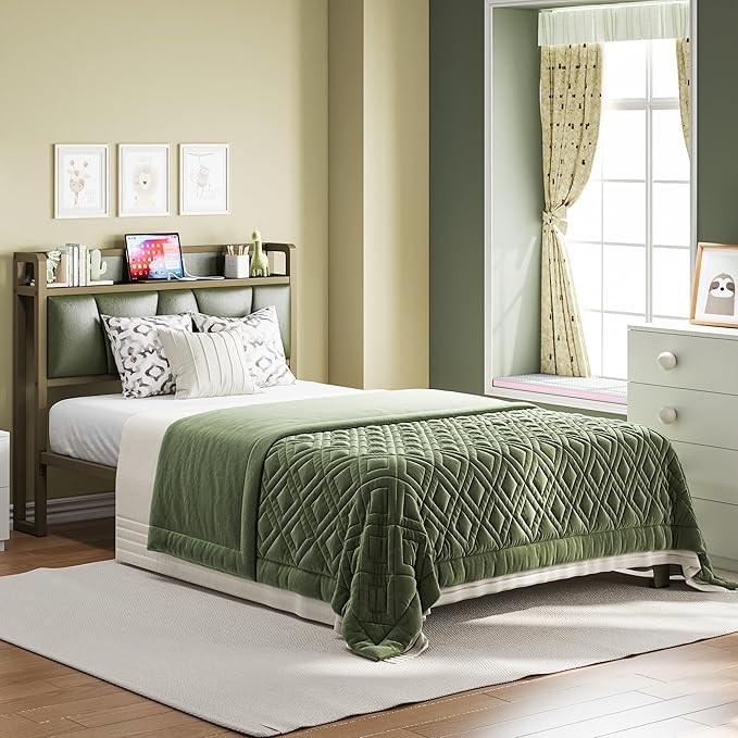 LIKIMIO Twin Bed Frame, Storage Headboard with Charging Station, Solid and Stable, Noise Free, No Box Spring Needed, Easy Assembly (Dark Green)