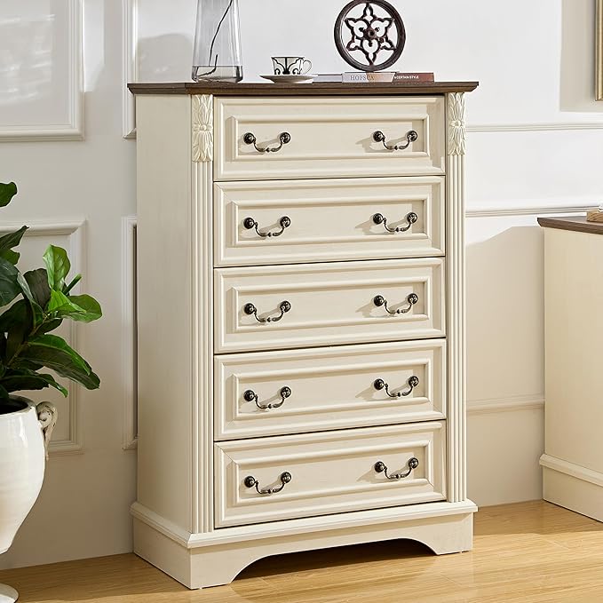 BLANKSPACE Farmhouse Dresser with 5 Drawers, Chest of Drawers for Bedroom, Hallway, Living Room, or Office Organization (Antique White)