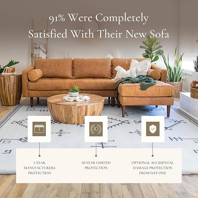 Poly & Bark Napa Leather Couch - Right Facing Sectional Sofa with 2 Bolsters - Full-Grain Leather Sofa for Living Room with Feather-Down Topper - Corner Couch - Vintage Italian Leather in Cognac Tan