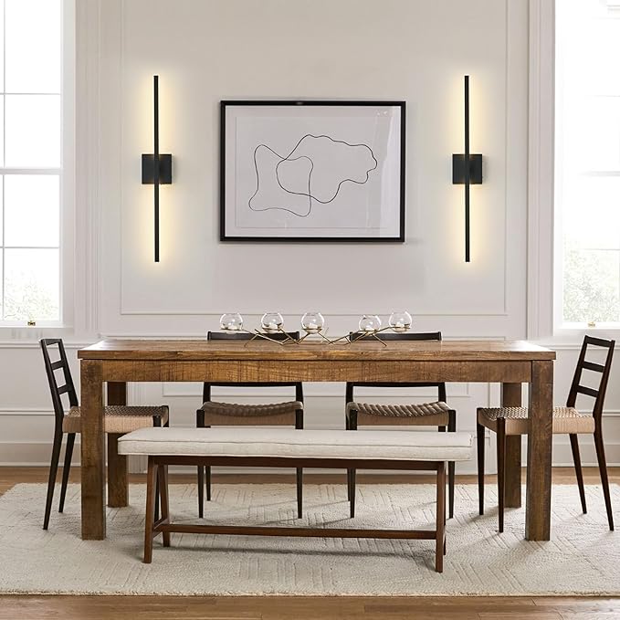 Wireless Battery Operated Wall Sconces Set of Two, Dimmable Modern Wall Sconce with Remote Control, 360°Rotation & Timer & Memory, Black Led Rechargeable Wall Lights for Living Room, 28.3 Inch