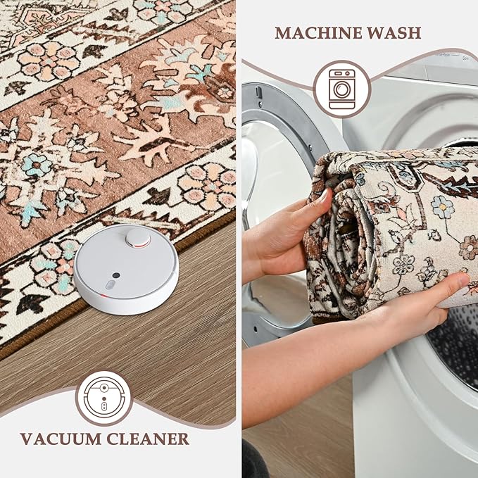 Vintage Area Rug 5x8 Rugs, Machine Washable Vintage Area Rug Non-Slip Low Pile Large Rug for Living Room, Bedroom, Farmhouse, Dining Room, Orange