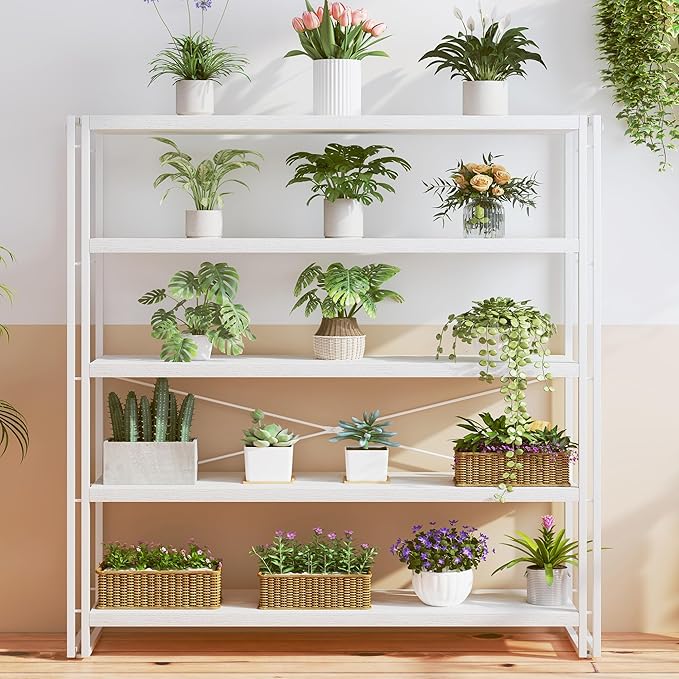 HCHQHS Bookshelf, 5-Tier Industrial Bookcase, White Open Book Shelf, Freestanding Tall Bookshelves with Metal Frame