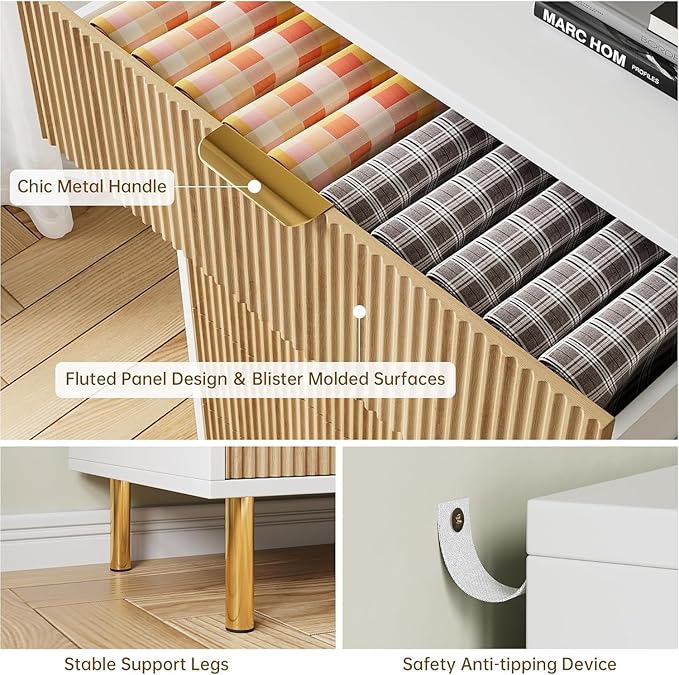 GarveeHome Natural 5 Drawer Dresser for Bedroom, 48” Tall Dresser Chest of Drawers, Modern Wood Storage Organizer with Gold Metal Handles & Anti-Tipping Device for Hallway, Entryway