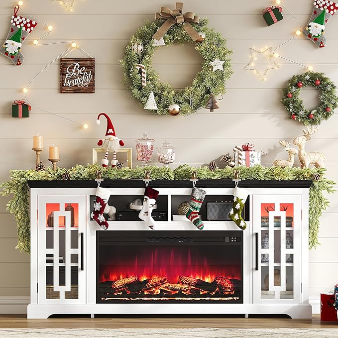 70" Farmhouse Large Fireplace TV Stand for 80 Inch TV, LED Media Entertainment Center with 37" Fireplace, Rustic TV Console Storage Cabinet with Adjustable Shelf for Living Room, Antique White