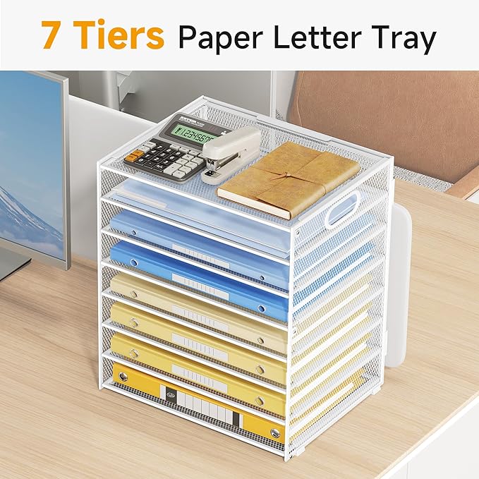 Lavatino 8-Tier Letter Tray Desk Paper Organizer, Mesh File Tray Organizer for Desk, Office Supplies & Home Organization, Fits A4 Paper, Mail, Magazines and Office Accessories (White with Handle)