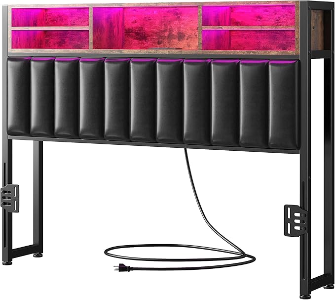 EnHomee King Headboard with Charging Port, King Headboard Only with LED Light, with Storage Shelf, King Size Headboard Only Upholstered for Bedroom
