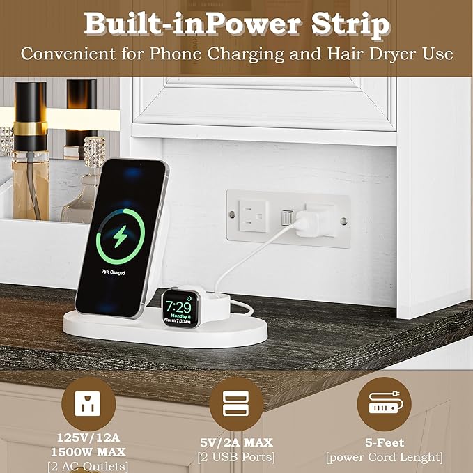 Vanity Desk with Lights, Large LED Mirror with 3 Color Modes, Makeup Vanity with Power Outlet & USB Ports, 6 Drawers & 2 RGB Glass Cabinets, Farmhouse Dressing Table for Women & Girls (White)