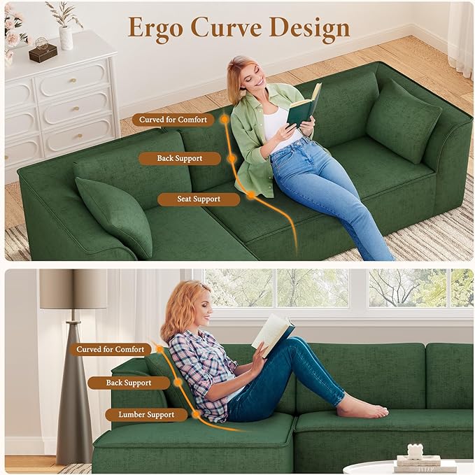 Vesgantti 106" Cloud Couch Sectional Modular Sofa, Deep Seat Comfy Cloud Couch Chenille Memory Foam Sofa Modular Couches for Living Room Bedroom, No Assembly Required (Green, Left-Facing Chaise)