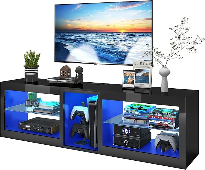 Vinctik 6&Fox LED TV Stands w/Power Outlet,60,00-Colors Lighting for 65 70in TV, 63" Modern High Gloss Entertainment Center,TV Console W/Adjustable Glass Shelves for Living Room Game Bedroom (Black)