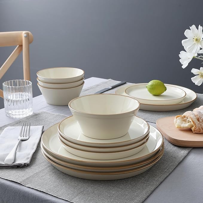 Famiware Saturn Dinnerware Sets, Plates and Bowls Sets for 4, 12 Pieces Stoneware Dish Set - Chip and Scratch Resistant, Microwave and Dishwasher Safe Tableware Set, Vanilla White with Rim