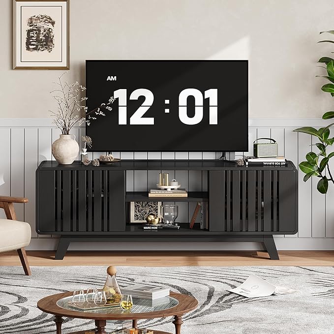 63-Inch TV Stand for TVs up to 75 Inch, Mid-Century Modern Television Stand with Power Outlet, Entertainment Center with Sliding Grille Door Cabinets and Open Shelves for Living Room, Black