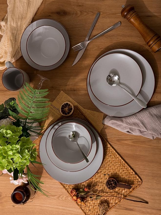 Famiware Venus Ceramic Plates and Bowls Sets, Speckled Dinnerware Dish Sets for 8 (24 Pieces) - Microwave and Dishwasher Safe, Matte Light Grey