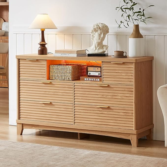 AOGLLATI Black Dresser for Bedroom with Slanted Louvre Design,Retro Chest of Drawers with Charging Station, Wooden Wide Led 6 Drawer Dresser for Bedroom,Living Room, Hallway, Wood