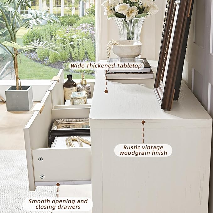 LEYAOYAO Fluted 6 Drawers Dresser Set of 2, 48" Wide Modern Chest of Drawers with Wood Grain Top, Curved Profile Design, Dresser TV Stand, Wooden Drawer Organizer for Bedroom, Living Room, White