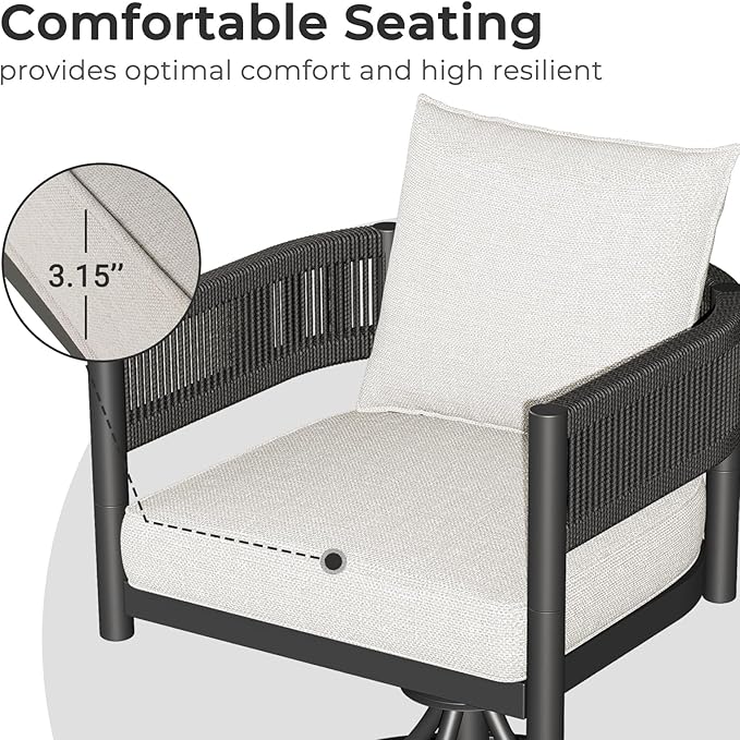 Grand patio Outdoor Dining Set, 7-Piece Patio Table and Chairs Set, Metal Woven Wicker Swivel Patio Chairs with Thickened Cushions & 1 Rectangular Woodgrain Dining Table with Umbrella Hole (Black)