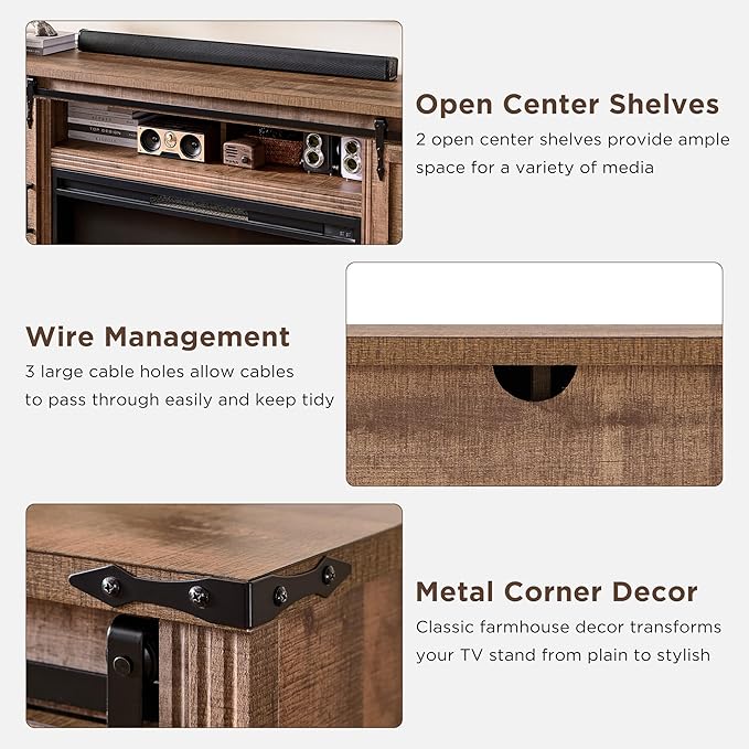 JXQTLINGMU Fireplace TV Stand for 80 Inch TV, Farmhouse Entertainment Center with 36" Fireplace, Modern Media Console with Sliding Barn Door & Storage Drawers for Living Room, Light Brown