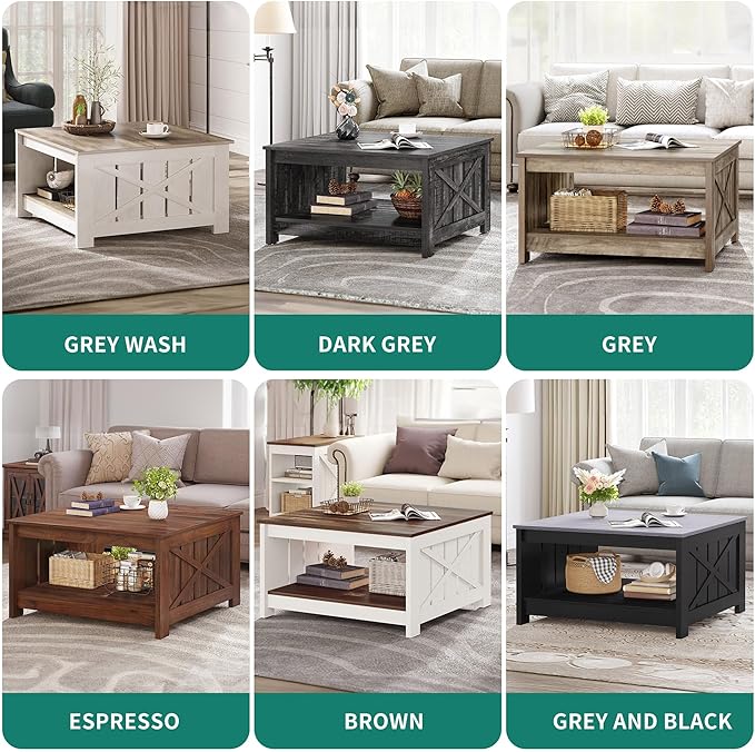 YITAHOME Farmhouse Coffee Table with Storage Rustic Wood Cocktail Table, Square Coffee Tables for Living Meeting Room with Half Open Storage Compartment, Grey and Black
