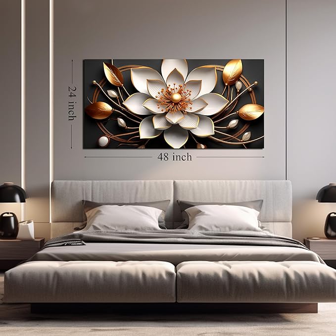 Large Artwork Canvas Wall Art for Living Room Office Room Bedroom Decor Wall Painting White and Gold Flowers Picture Modern Decorative Painting with Frame Ready to Hang Canvas Decor Size 24x48 E