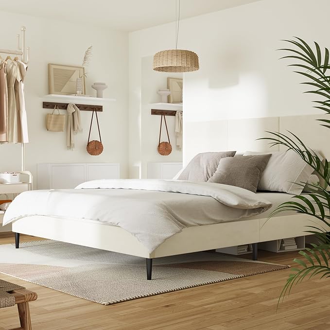 King Bed Frame with Headboard, Vertical Channel Tufted Heavy Duty King Size Bed Frame, No Box Spring Needed, Easy Assembly, Platform Bed Frame with Headboard, Beige