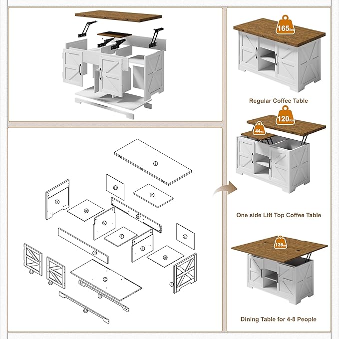 Lift Top Coffee Table with Storage, 4 in 1 Multi-Function Convertible Tea Tables with Hidden Compartment, Farmhouse Center Table Converts to Dining Table for Living Room, Brown