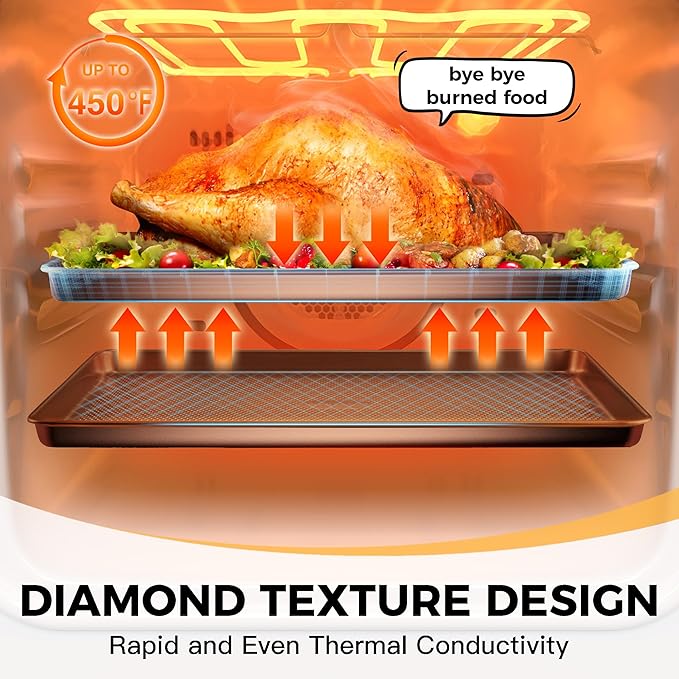 HONGBAKE 9-Piece Baking Pans Set Nonstick, Stackable Non Toxic Bakeware Sets with Diamond Texture, Oven Pan Set for Cooking, Includes Cookie Sheet with Rack, Cake Pan, Roasting Pan, Muffin Tin, Gold