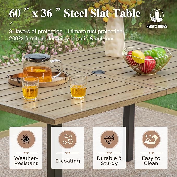 HERA'S HOUSE Patio Table and Chairs Set 7-Piece, Outdoor Dining Furniture Set with Cushions, All-Weather Wood Grain Table with 1.6"-2" Umbrella Hole & Wicker Chairs for Backyard, Garden, Deck