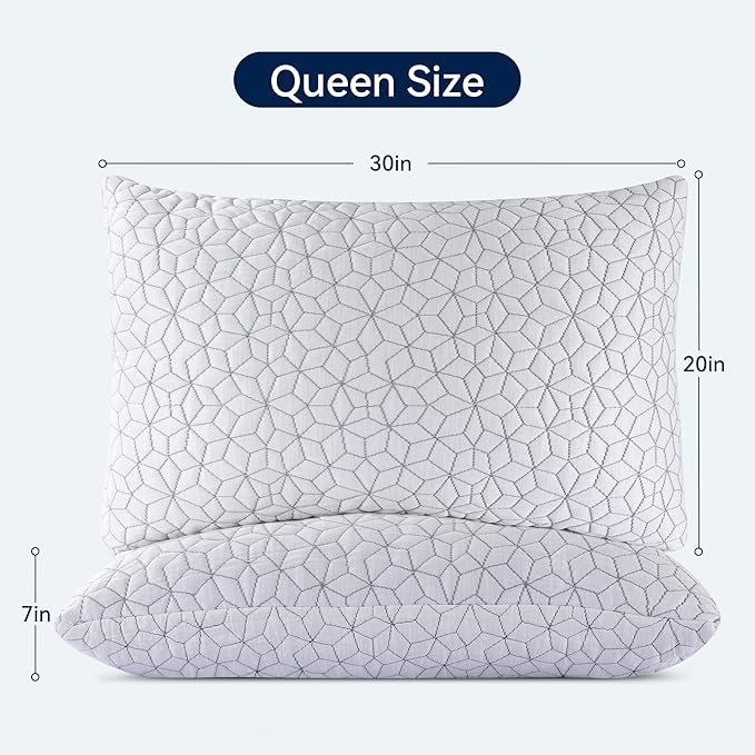 Cooling Shredded Memory Foam Pillows for Sleeping 2 Pack, Adjustable Bed Pillow for Side Back Stomach Sleepers Luxury Gel Pillows Queen Size Set of 2 with Washable Removable Cover
