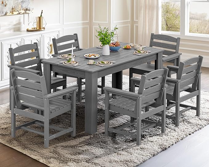 SERWALL Patio Dining Set for 6, Outdoor Dining Sets for 6 Person with 1 Umbrella Hole Cut-Out Rectangular Table and 6 Chairs, HDPE Dining Sets for Garden, Backyard, Poolside, Gray