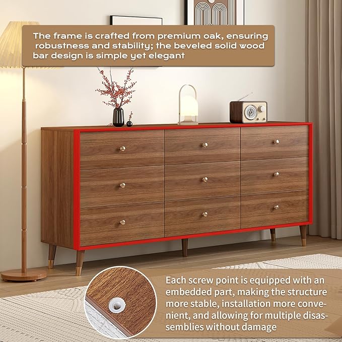 9 Drawer Dresser for Bedroom, 63 Inch Dresser for Closet with Walnut Frame, Modern Solid Wood Chest of Drawers with Natural Texture & Pre-Embedded Slots for TV Stand, Living Room, Hallway, Office