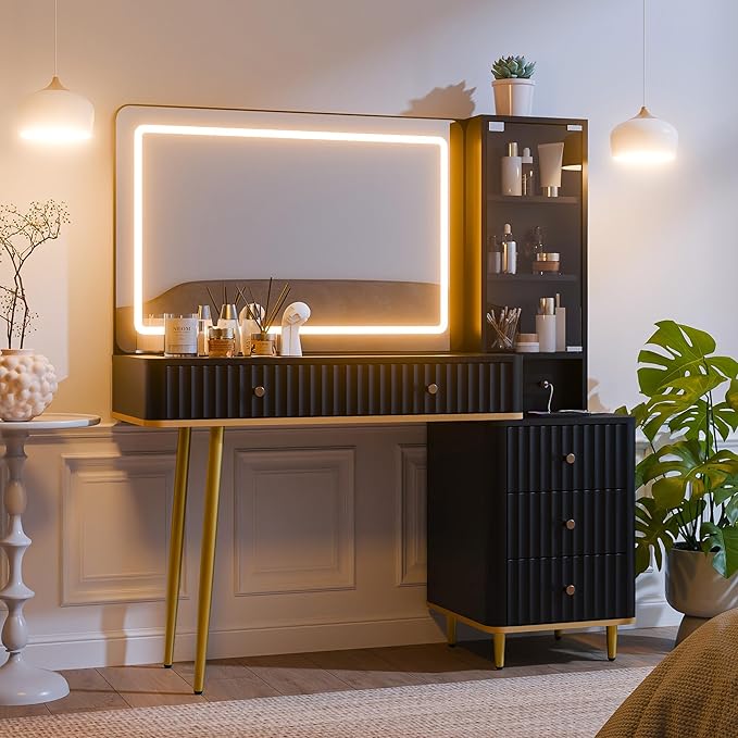 RECCI Fluted Vanity Desk with 36" Mirror and Lights, Makeup Vanity Desk with Glass Top, Dressing Table with 5 Drawers & Shelves, Wood Vanity Table for Bedroom(Black)