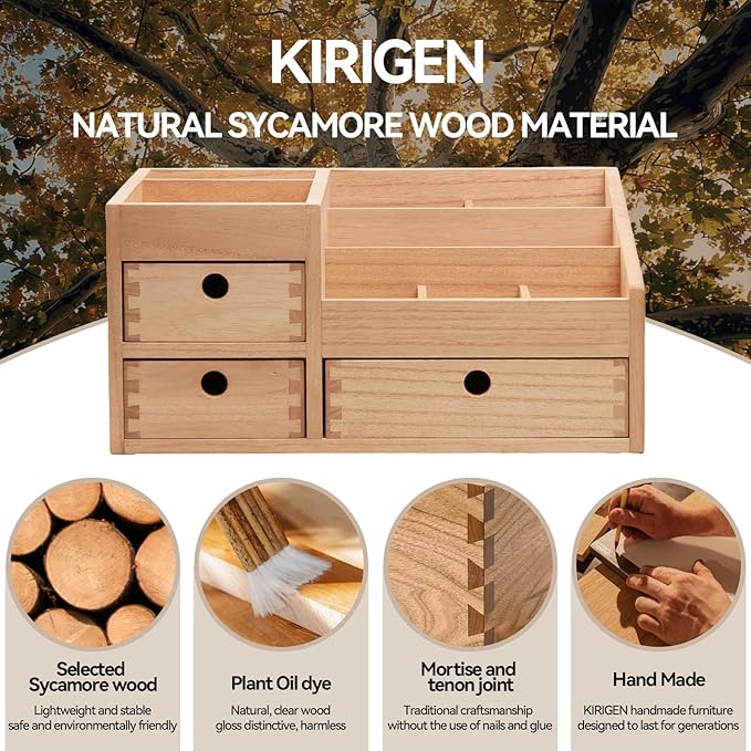 KIRIGEN Wood Makeup Organizer Storage Cabinet Tabletop Cosmetic Organizer Jewelry Storage Box 8 Compartment Makeup Display Case with 3 Drawers Natural(HZG-NA)