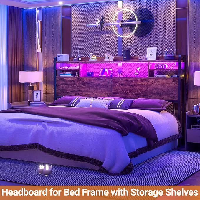 Aheaplus Headboard for King Size Bed with Storage, Headboards with LED Light, Power Outlets, USB Ports King Size Head Board, Wood headboard Only Sturdy and Stable Headboards, Modern, Rustic Brown
