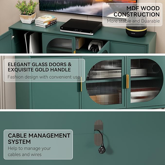 ARTPOWER Modern TV Stand for TVs up to 70+ inch, Glass Door Television Console Table with Gold Leg, Entertainment Center with Storage Cabinet, Wood Media Furniture for Bedroom, Living Room, Green