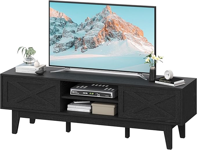 TV Stand for 55/60/65 Inch TV, Farmhouse Entertainment Center with Shelves, Cabinets and Sliding Doors, Rustic TV Media Console Table with Solid Wood Feet & Cord Holes for Living Room, Bedroom, Black