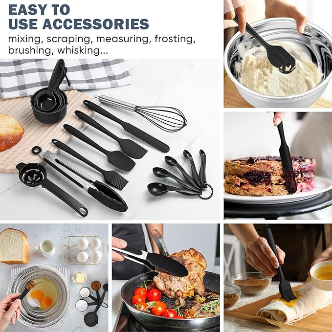 E-far Mixing Bowls with Airtight Lid Set, 25PCS Stainless Steel Nesting Prep Bowls with Grater Attachments Non-Slip Bottoms for Cooking, Baking, Serving, Food Storage, 4.6/2.6/2/1.5/1/0.7QT - Black