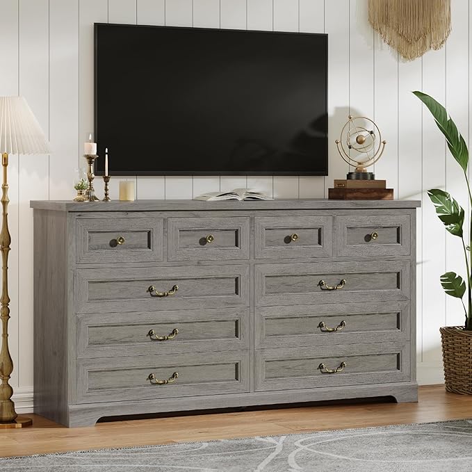 DICTAC 10 Drawers Dresser for Bedroom,55" Wide Farmhouse Dresser with Natural Texture and Vintage Metal Handles, Rustic Wood Chest of Drawers for Bedroom, Living Room, Hallway,Oak Grey
