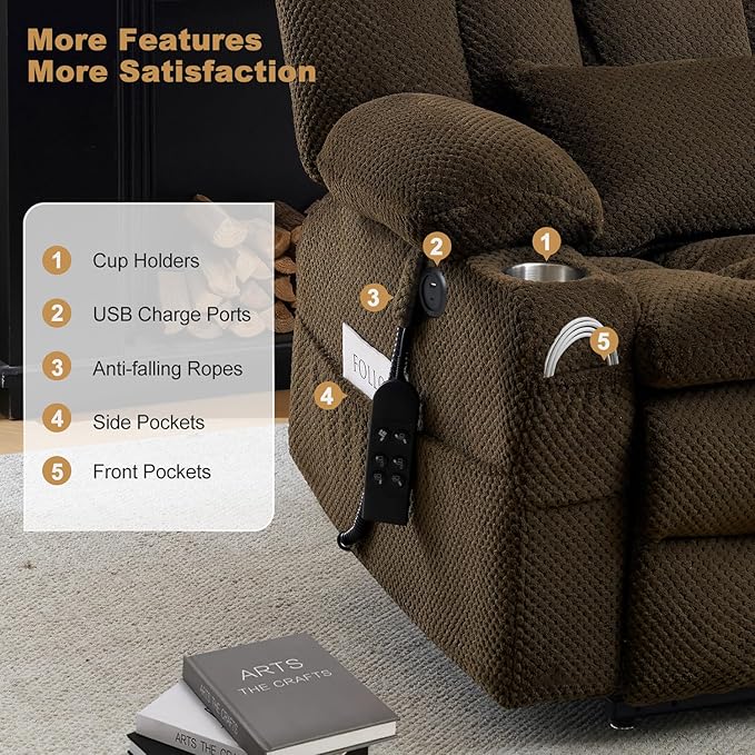 Infinite Position Power Lift Chair, Dual Motor Power Lift Recliner Chair with Massage and Heat Function for Elderly People, USB Charging Ports, Dark Brown
