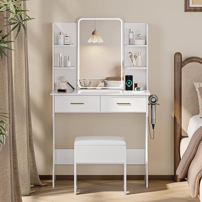 Makeup Vanity Desk with Mirror and Lights, White Vanity with Power Outlet and LED Lights, Vanity Table with 2 Drawers and 6 Storage Shelves, Vanity Set with Chair for Bedroom