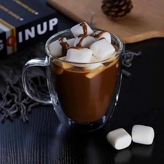 CNGLASS Large Glass Coffee Mugs 17oz,Double Walled Insulated Clear Coffee Cups with Handle,Clear Espresso Mugs for Cappuccino,Latte,Tea Bags,Hot and Cold Beverages,Set of 4