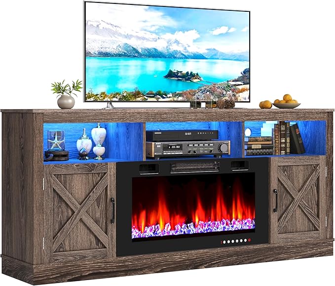 Farmhouse TV Stand with 36" Fireplace for 80" TV, 70" Entertainment Center with Barn Doors and LED Light, Tall Fireplace TV Stands for Living Room, Grey