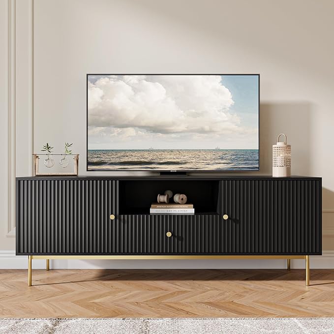 Fluted TV Stand, Modern TV Stand for 70 Inch TV, Entertainment Center with 2 Storage Cabinets, Fluted Panel Media Console for Living Room, Bedroom, Office, Black