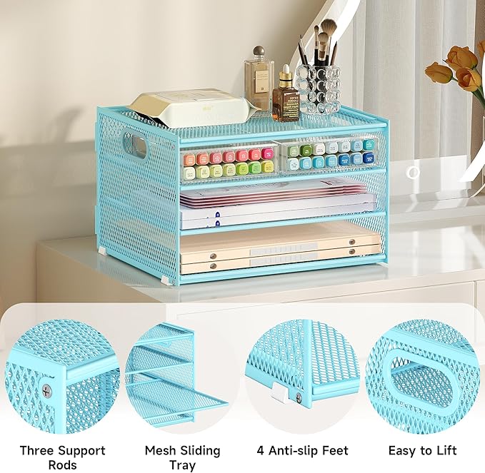 Subekyu Paper Letter Tray Organizer for Desk, Blue Metal Mesh Desk File Sorter Organizer with Handle and 2 Sliding Trays for Home Office School Supplies Organization