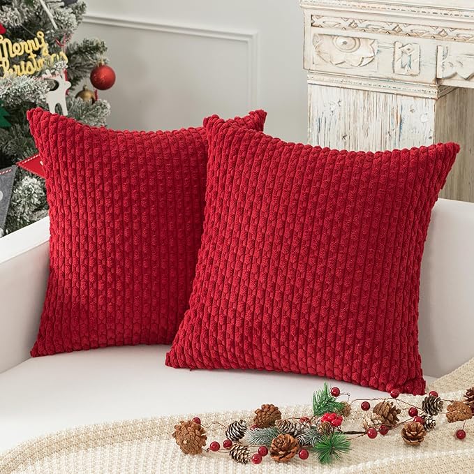 Kevin Textile Pillow Covers Pack of 2 Christmas Cushion Covers for Bedroom 20x20 Inch Burgundy Soft Corduroy Throw Pillow Cover with Stripes Machine Washable Pillowcase for Bedroom