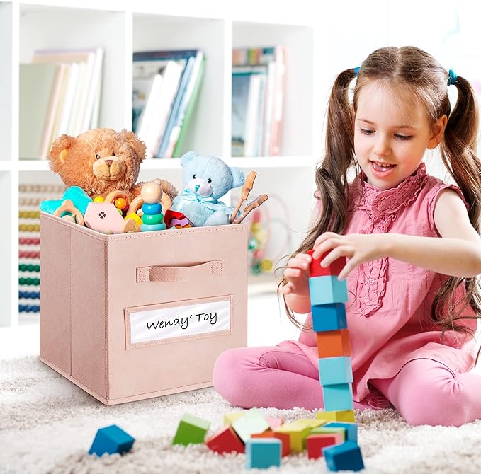 artsdi 11 Inch Storage Cube,Storage bin,cube storage (Set of 10) Foldable Fabric Cube Storage Bins with 10 Labels Window Cards & a Pen,Baskets Containers for Shelves,Closet Organizers Box,Pink