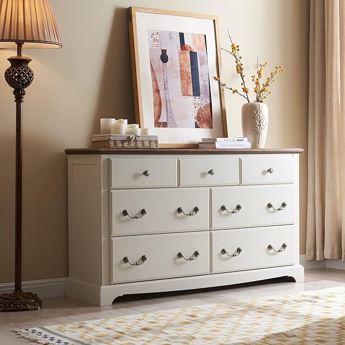 Farmhouse Dresser for Bedroom, 54" Modern 7 Drawers Dresser with Vintage Styles Pulls, Wood Rustic Closet Chest of Drawers for Living Room, Hallway, Antique White