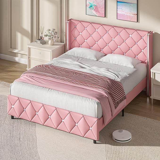 Full Size Bed Frame with Headboard, Upholstered Faux Leather Bed with Diamond Headboard, Pink Bed Frame Full with Footboard, No Box Spring Needed, Easy Assembly, Pink