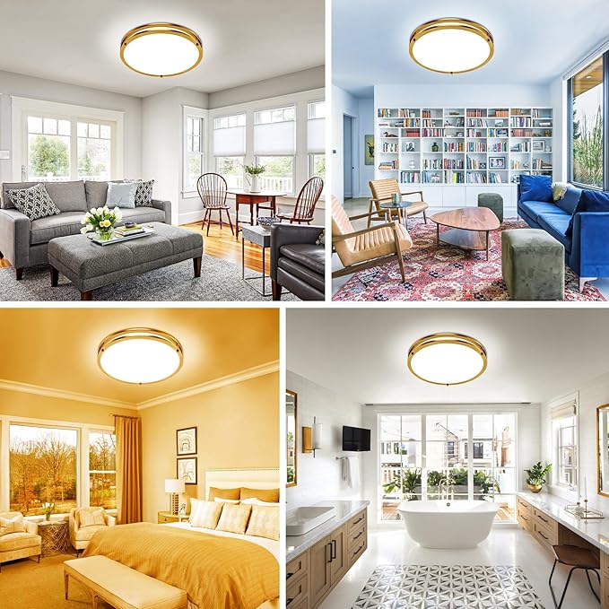 libtit 13 Inch LED Ceiling Lights with Remote for Bedroom Kitchen, 24W 2400lm Super Bright & Dimmable Flush Mount Light Fixtures, 2700K-6500K Adjustable Modern Lamps with Timer, Gold