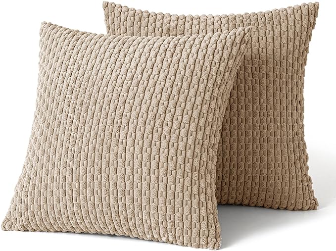 MIULEE Throw Pillow Covers Soft Corduroy Decorative Eruo Sham Set of 2 Boho Striped Pillow Covers Pillowcases Farmhouse Home Decor for Couch Bed Sofa Living Room 24x24 Inch Tan